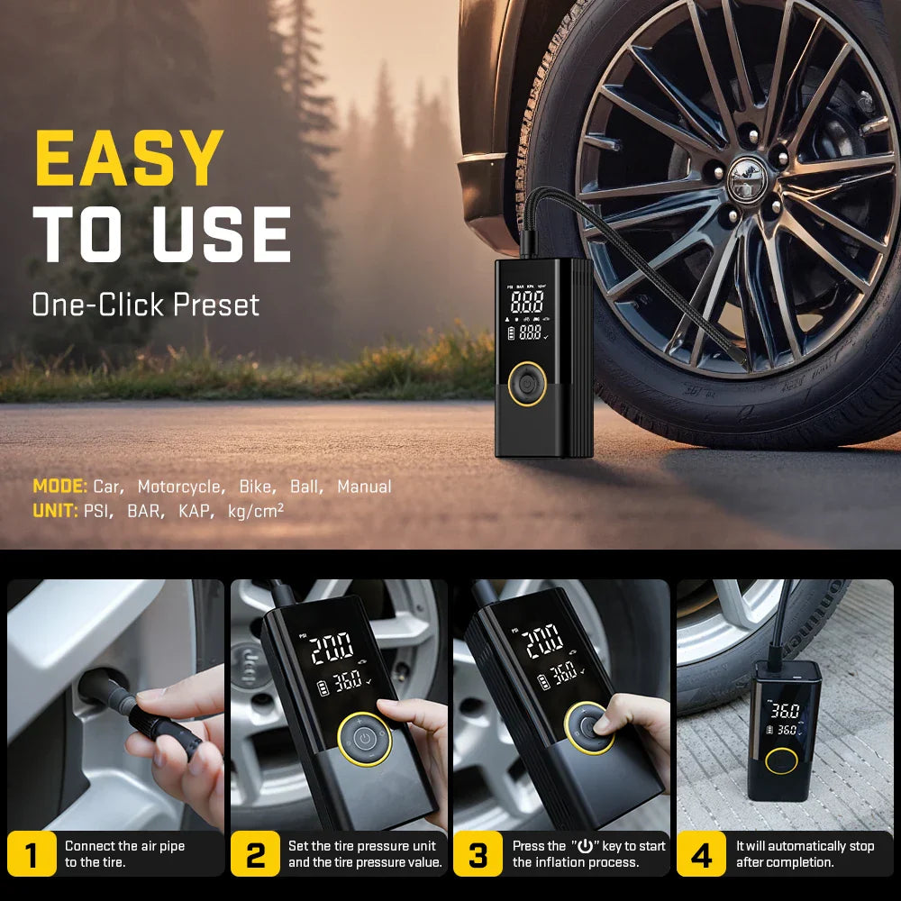 22-Cylinder Wireless Inflator: High Power, Digital Display, Rapid Inflation for Cars & Motorcycles.