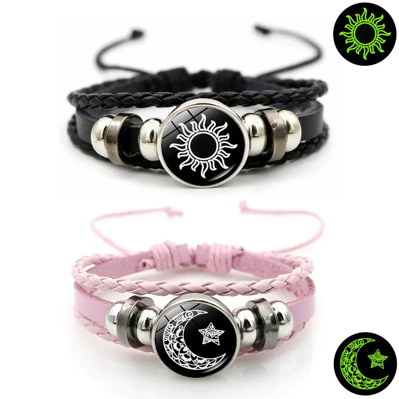Couple Jewelry Gifts Sun Moon Couple Leather Bracelet Hot Selling Item Noctilucent Handmad Weave Bracelets 